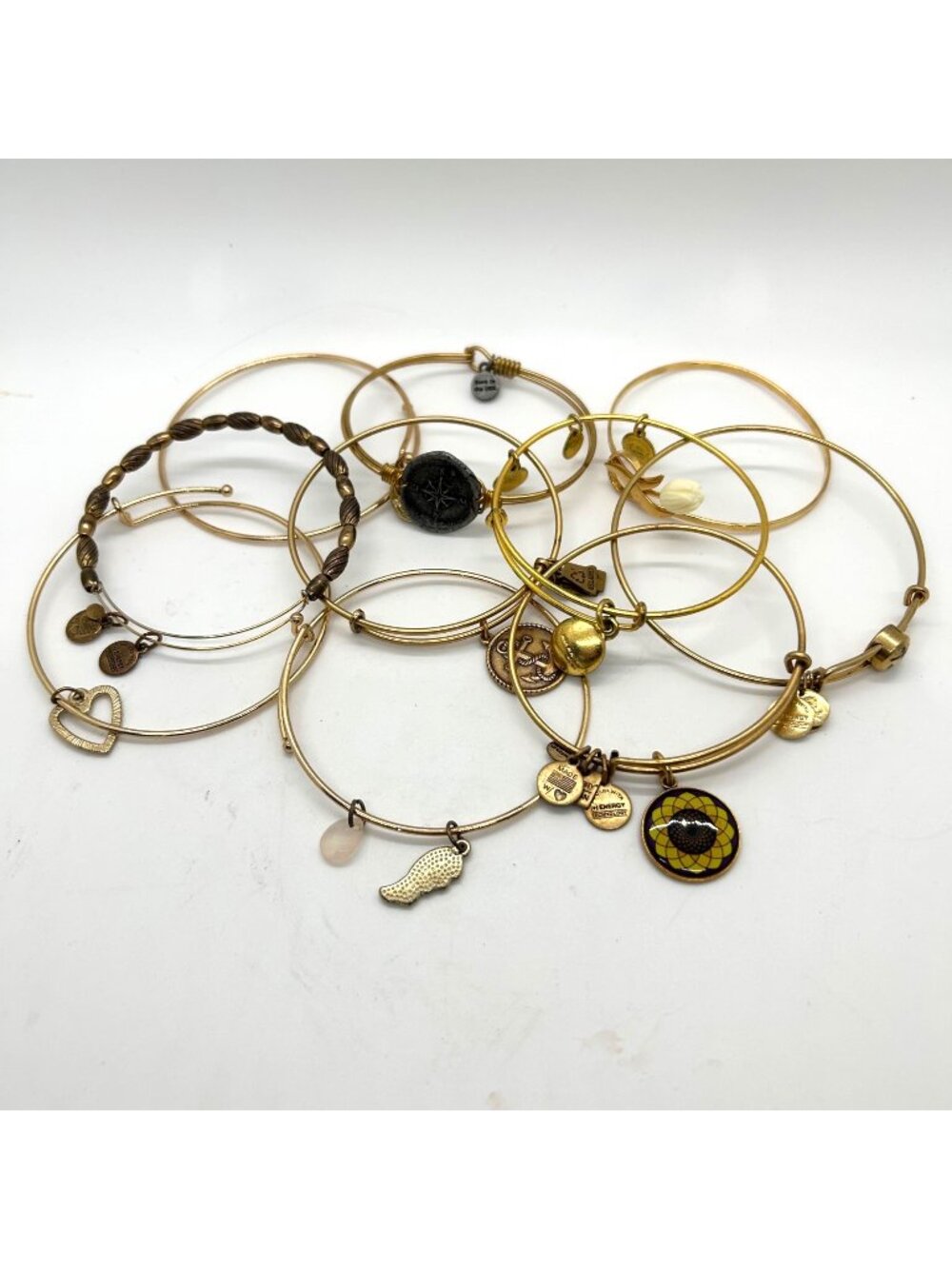 Lot Of 10 Gold-Tone Bracelets 4 Alex And Ani 1 Avon 1 Wind And Fire